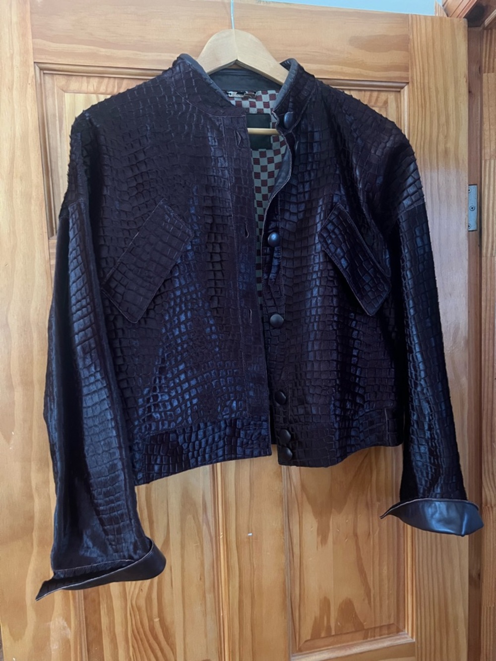 Giorgio Armani Dark Brown Textured Cropped Bomber Jacket